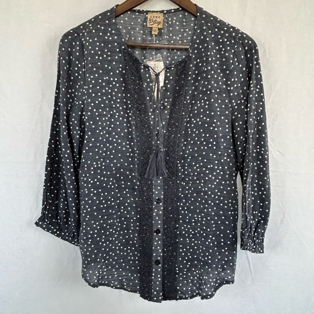 COMO Vintage Women's Blue/White Polka Dot Top Size Medium NWT